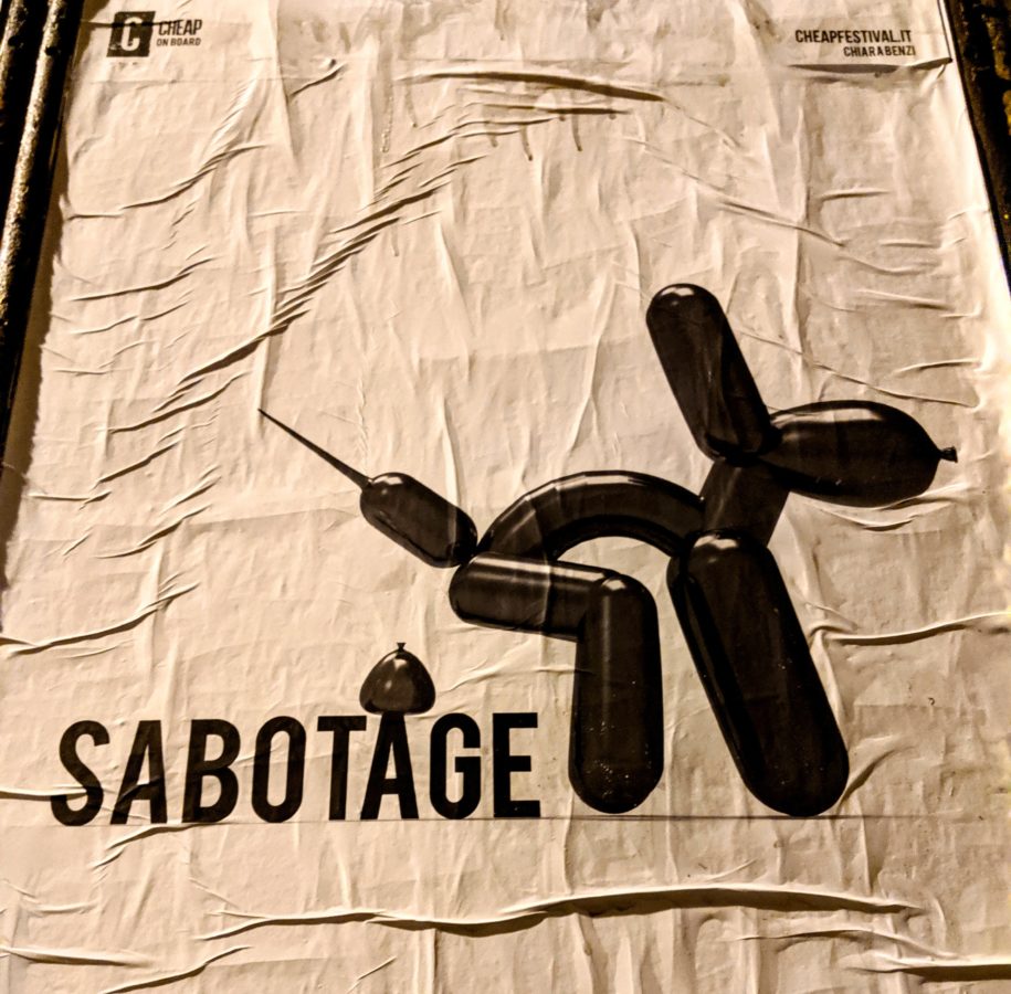 Balloon animal dog pooping a balloon on the word sabotage