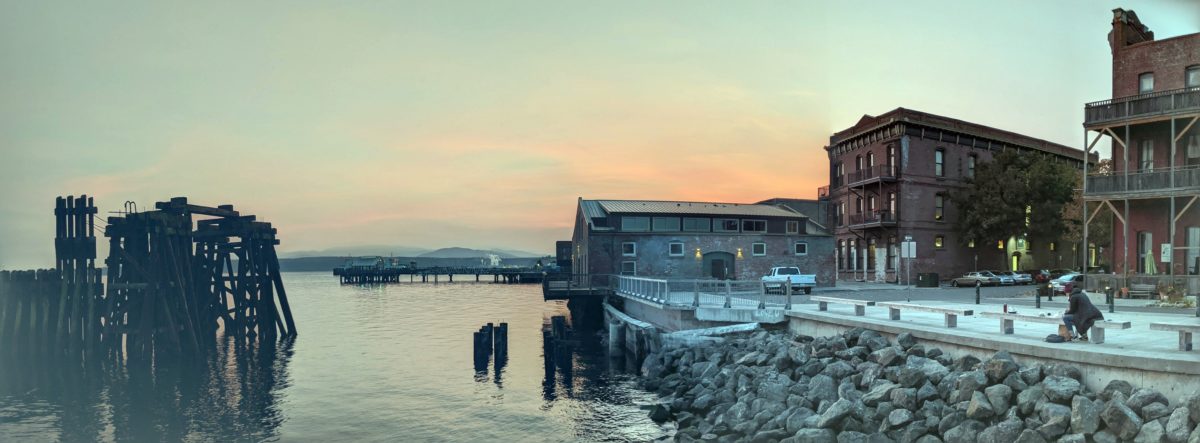 Port Townsend waterfront with sun setting behind